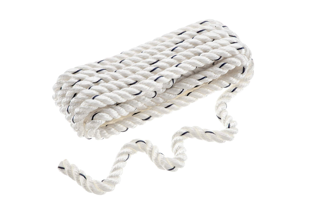 Seachoice 47551 Premium 3-Strand Twisted Nylon Dock Line, White w/ Blue Tracer, 1/2" x 15'