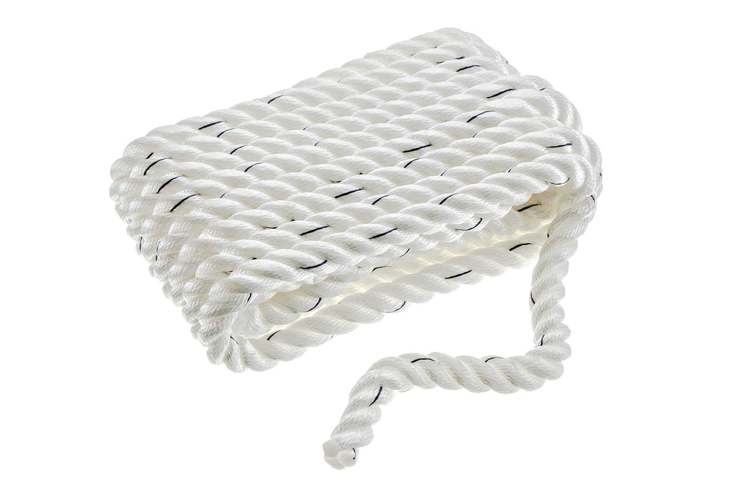 Seachoice 47631 Premium 3 Strand Twisted Nylon Dock Line, White w/ Blue Tracer, 3/4" x 25'