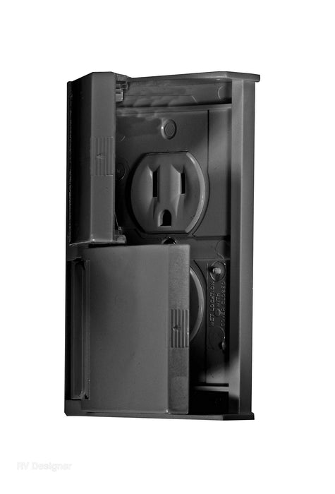 RV Designer S907 Black Weatherproof Dual RV Outlet Receptable & Snap Cover Plate