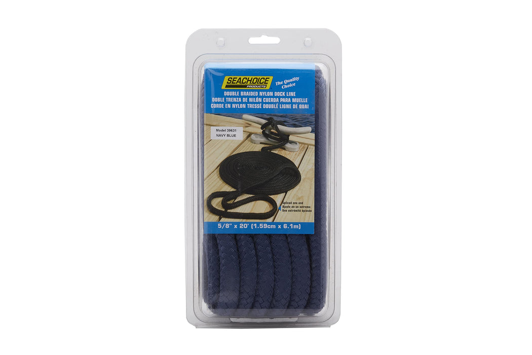 Seachoice Double-Braid Nylon Dock Line w/ Eye Splice, Pre-Shrunk, Heat Stabilized, 5/8 In. x 20 Ft., Navy