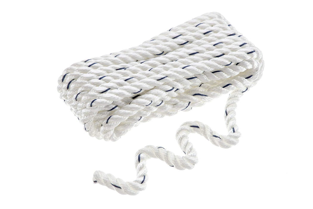 Seachoice 47561 Premium 3-Strand Twisted Nylon Dock Line, White w/ Blue Tracer, 1/2" x 20'