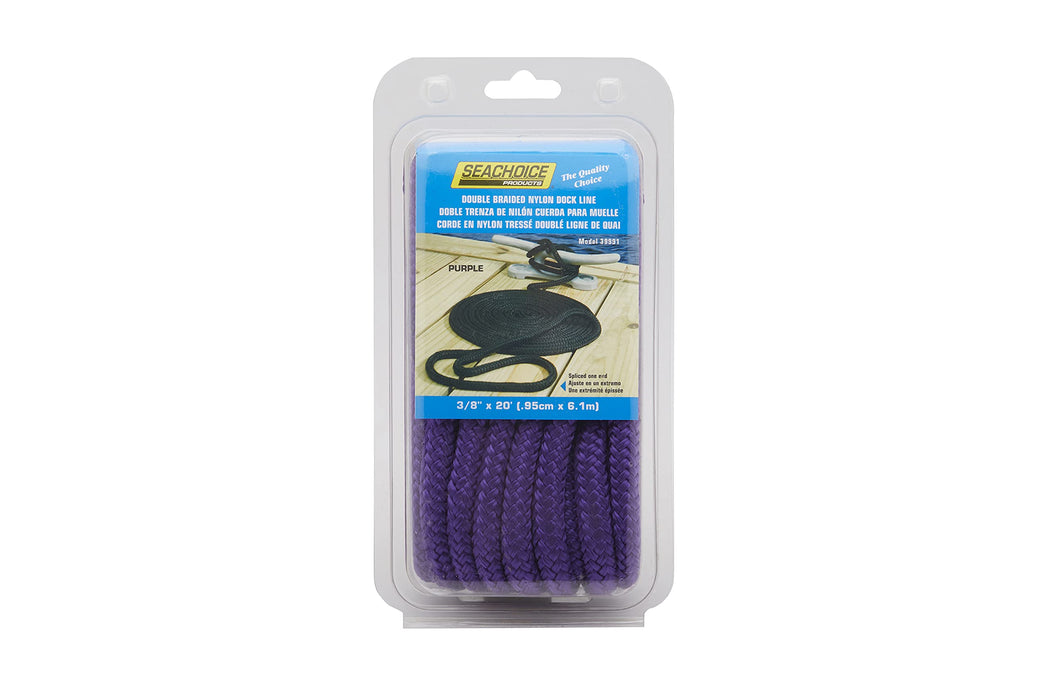 Seachoice Double-Braid Nylon Dock Line w/ Eye Splice, Pre-Shrunk, Heat Stabilized, 3/8 In. X 20 Ft., Purple