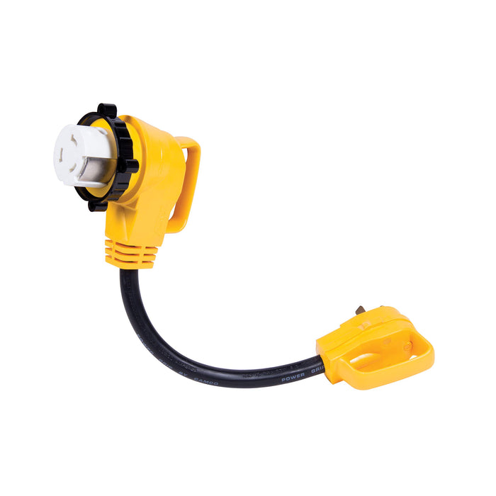 Camco 55582 90° Powergrip Locking Adapter, 18", 50A Female Locking / 30A Male Std
