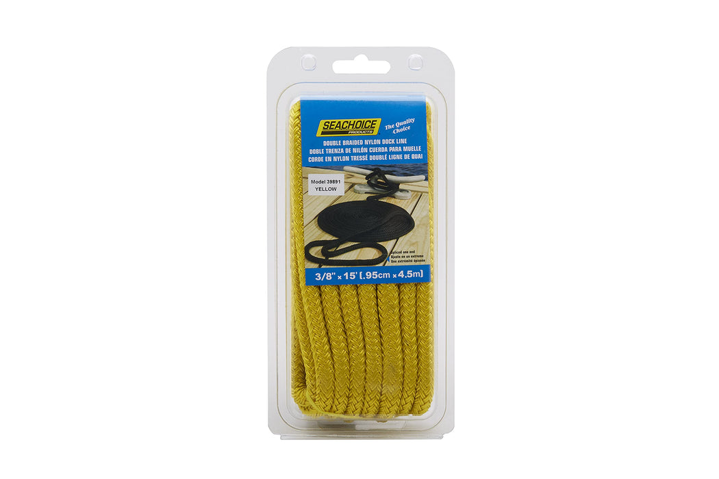 Seachoice Double-Braid Nylon Dock Line w/ Eye Splice, Pre-Shrunk, Heat Stabilized, 3/8 In. X 15 Ft., Yellow