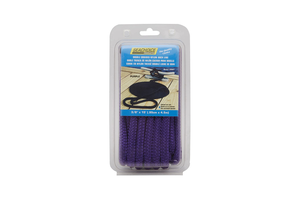 Seachoice Double-Braid Nylon Dock Line w/ Eye Splice, Pre-Shrunk, Heat Stabilized, 3/8 In. X 15 Ft., Purple