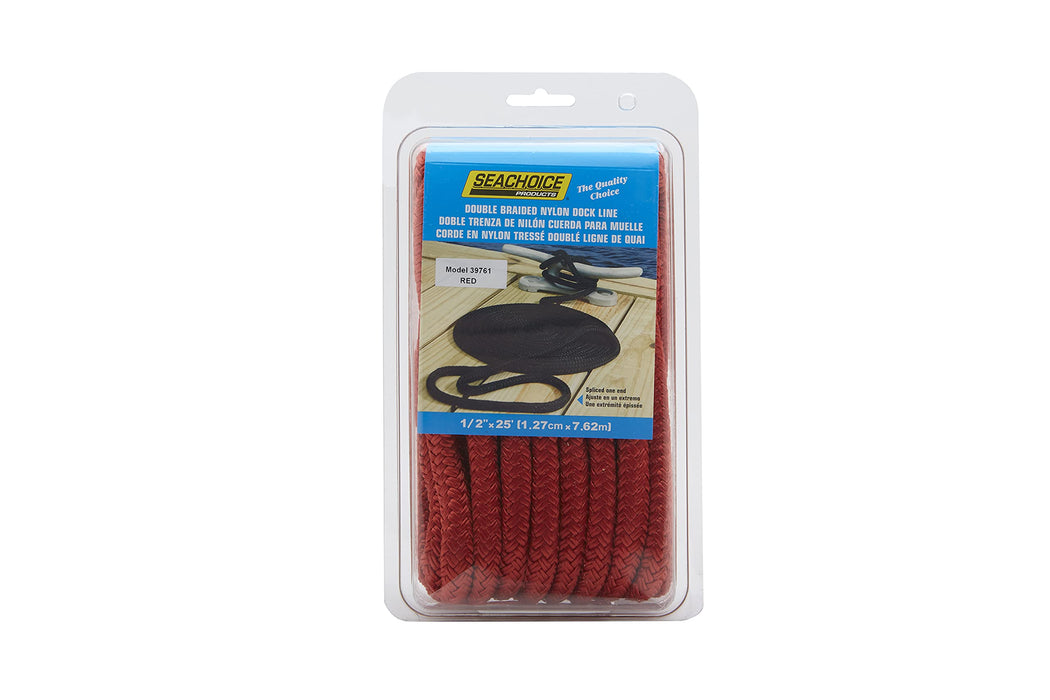 Seachoice Double-Braid Nylon Dock Line w/ Eye Splice, Pre-Shrunk, Heat Stabilized, 1/2 In. X 25 Ft., Red