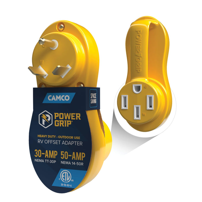 Camco 55133 Power Grip Offset RV Electrical Adapter, 30-Amp/50-Amp
