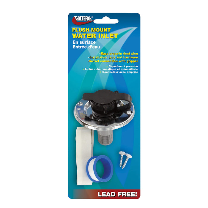 Valterra A01-0165VP Flush Mount RV Water Inlet, Black, Die Cast Flange, Plastic Check Valve, includes Screws & Tape