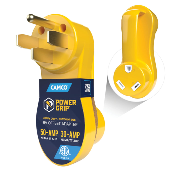 Camco 55135 Power Grip Offset Adapter 50 amp to 30 amp RV Power Adapter,