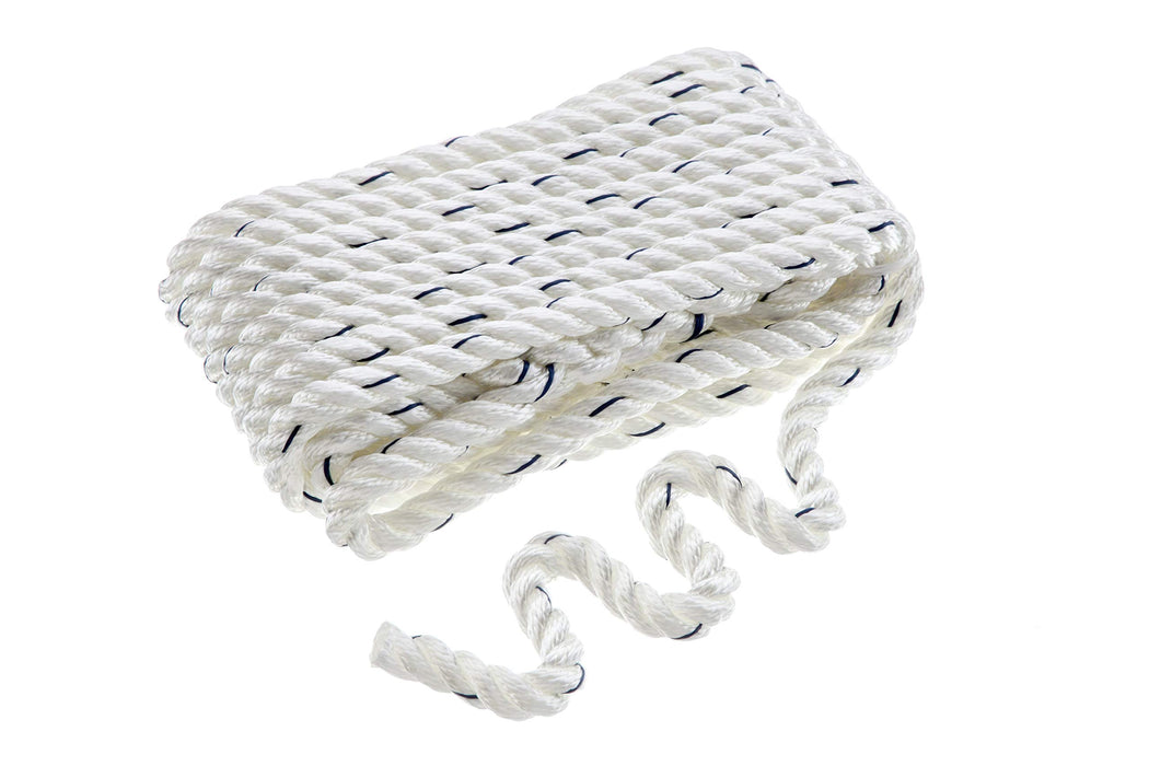 Seachoice 47571 Premium 3-Strand Twisted Nylon Dock Line, White w/ Blue Tracer, 1/2" x 25'