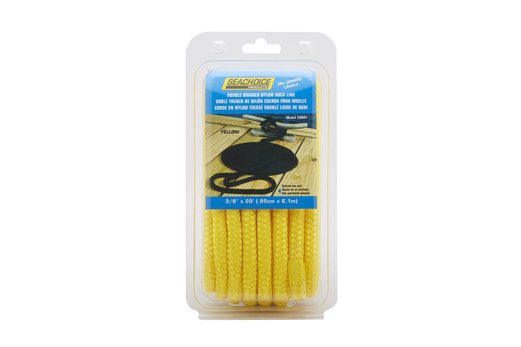 Seachoice Double-Braid Nylon Dock Line w/ Eye Splice, Pre-Shrunk, Heat Stabilized, 3/8 In. X 20 Ft., Yellow
