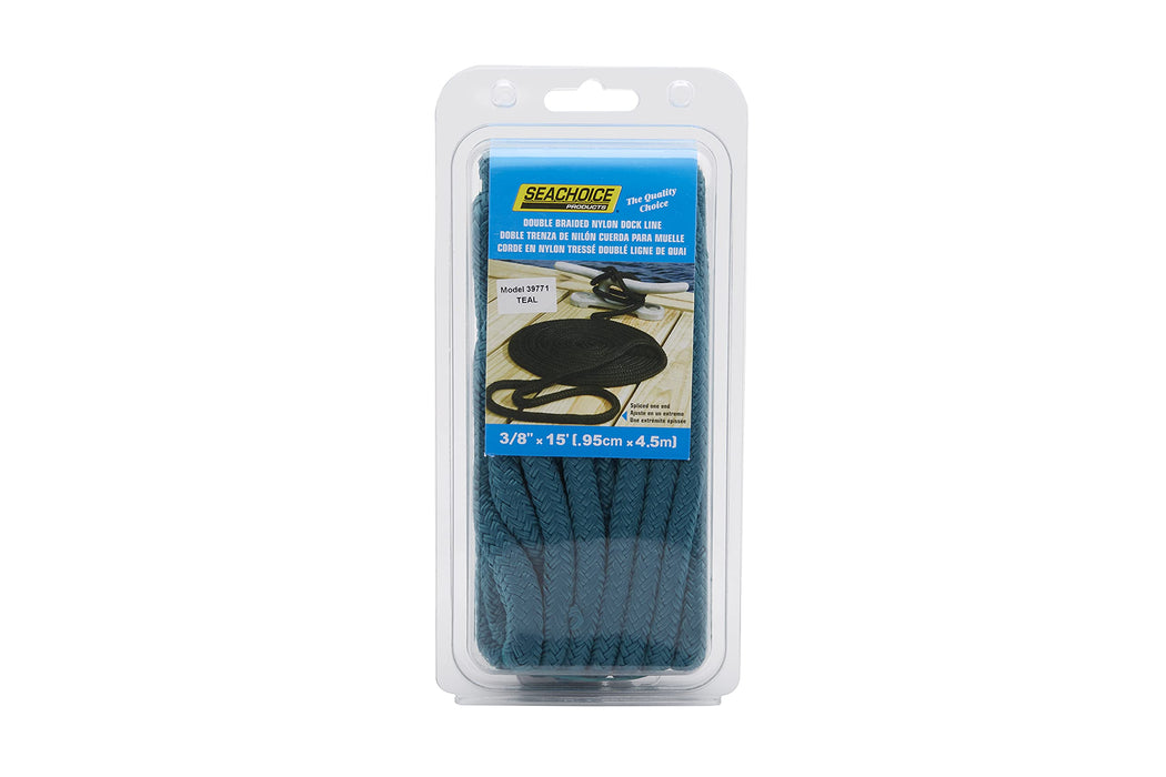 Seachoice Double-Braid Nylon Dock Line w/ Eye Splice, Pre-Shrunk, Heat Stabilized, 3/8 In. X 15 Ft., Teal Green