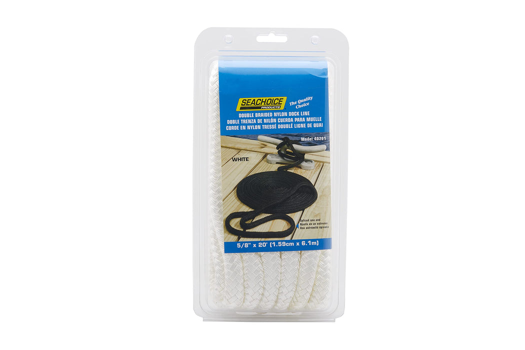 Seachoice Double-Braid Nylon Dock Line w/ Eye Splice, Pre-Shrunk, Heat Stabilized, 5/8 In. X 20 Ft., White