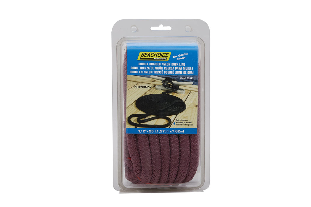 Seachoice Double-Braid Nylon Dock Line w/ Eye Splice, Pre-Shrunk, Heat Stabilized, 1/2 In. X 25 Ft., Burgundy