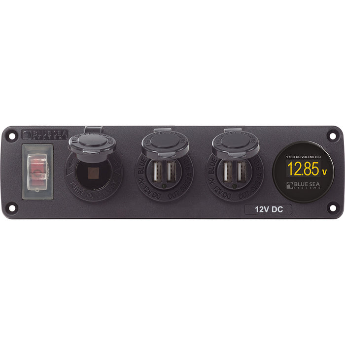 Blue Sea 4368-BSS USB Accessory Panel, Water Resistant, 12V Socket, 2x 2.1A Dual Chargers, Voltmeter