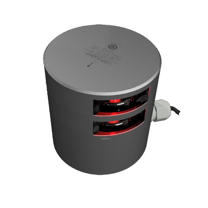 Serie 301-109 de Lopolight: luz de navegación de doble apilado, 3 NM, montaje horizontal, carcasa plateada y roja
