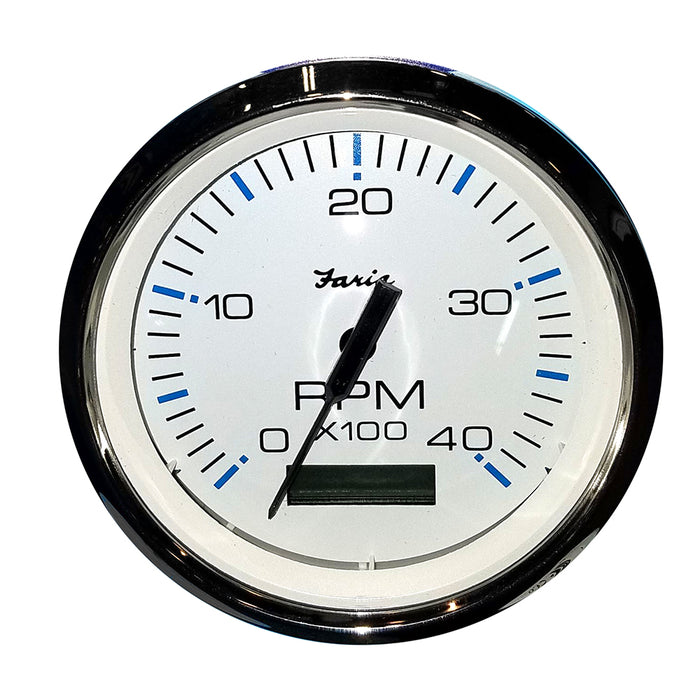 Tacómetro Faria Chesapeake blanco SS de 4" con horómetro (4000 RPM) (diésel) (arranque mecánico y relación de variación alternativa)