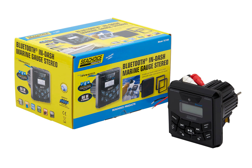 Seachoice MGR450BSC 72106 Bluetooth In-Dash Marine Gauge Stereo, Square Face