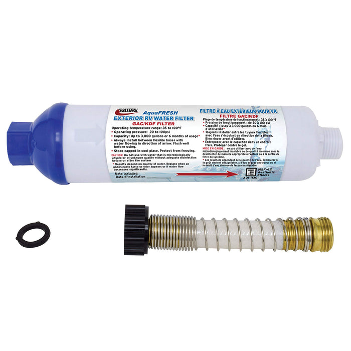 Valterra A01-1131VP AquaFresh Replacement Exterior Water Filter W/Hose, Connections & Hose Saver