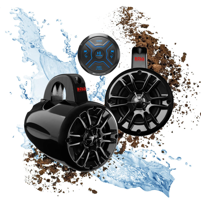 Boss Audio MG150T4 Receiver & Waketower/UTV/ Roll Bar 4" Speaker System Package