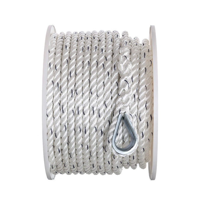 Seachoice 47741 Premium 3-Strand Twisted Nylon Anchor Line White w/ Blue Tracer, 1/2" x 150'