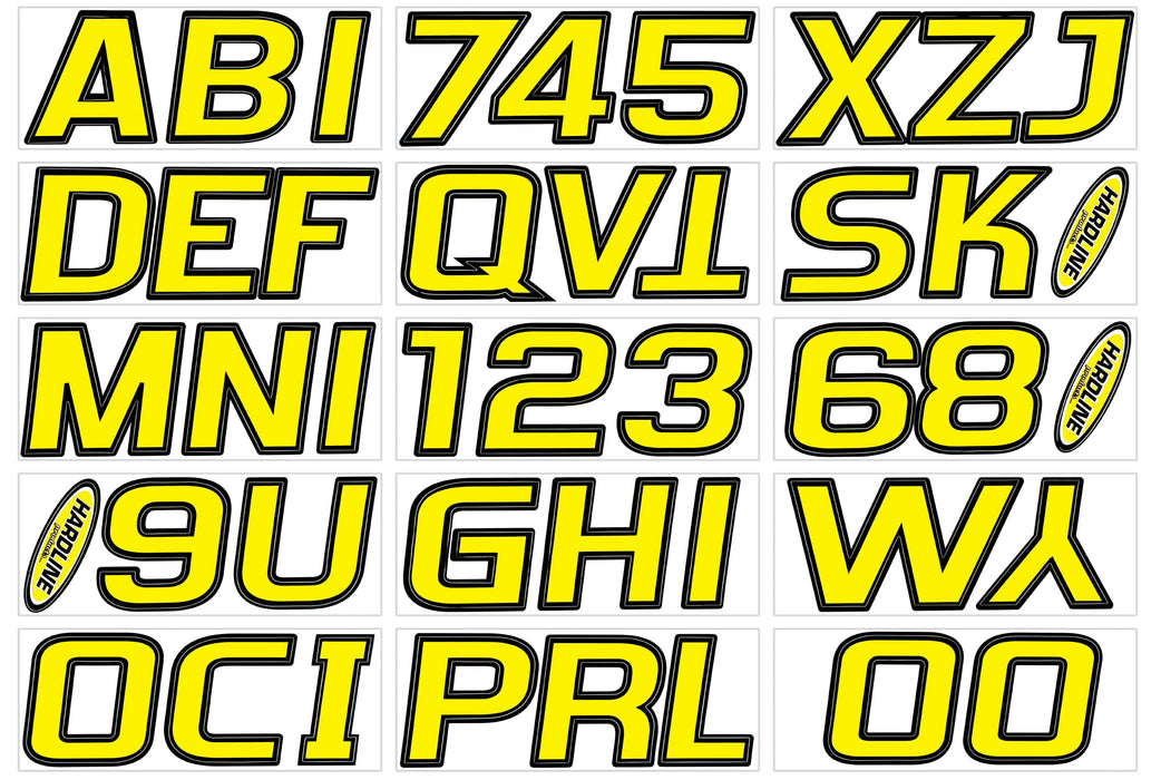 Hardline YEBLK700 Series 700 Registration Kit, Yellow/Black, Slanted European Font, Solid Fill/Outline, 4 Sets of 3" A-Z, 0-9