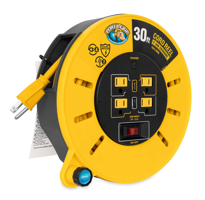 Camco 55290 Power Grip™ Extension Cord Reel With USB Charging Ports, 30'