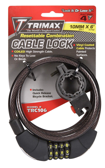 Trimax Locks TRC106 Trimax Quadra-Braid 6' x 10mm Cable Lock w/ Combination &, Quick Release Bracket