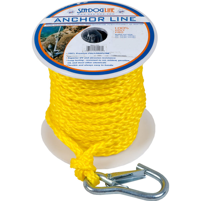 Línea de anclaje Sea-Dog Poly Pro con mosquetón - 3/8" x 75' - Amarilla