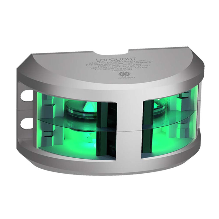 Serie 200-018 de Lopolight: luz de navegación de doble apilado, 2 NM, montaje vertical, verde, carcasa plateada