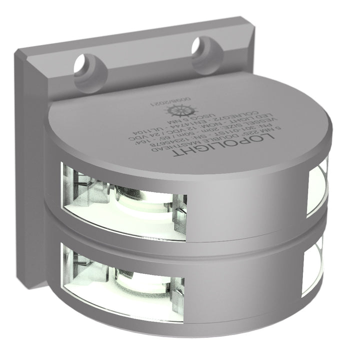 Serie 301-011 de Lopolight: luz de mástil de doble apilado, 5 millas náuticas, montaje vertical, color blanco, carcasa plateada