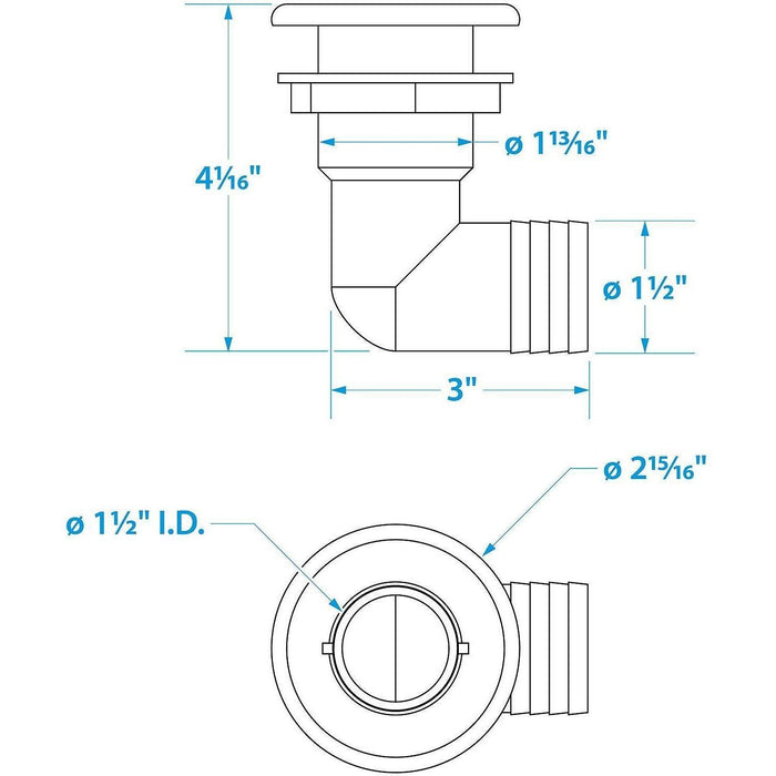 Seachoice 50-18121 90-Degree Thru-Hull Connector, Fits 1-1/2 in. ID Hose, 1-3/8 in. Max Hull
