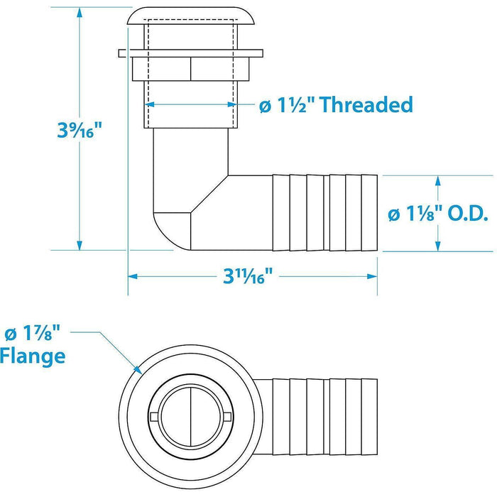 Seachoice 50-18141 90-Degree Thru-Hull Connector, Fits 1-1/8 In. ID Hose, 1-1/8 In. Max Hull