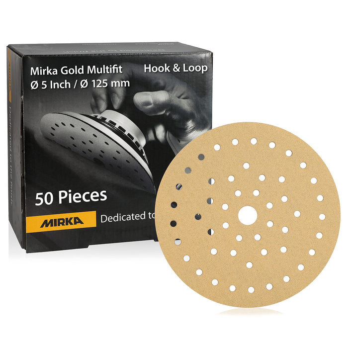 Mirka 23-5MF-320 Gold Multifit Dust Free Discs, 5", P320, 50/pk