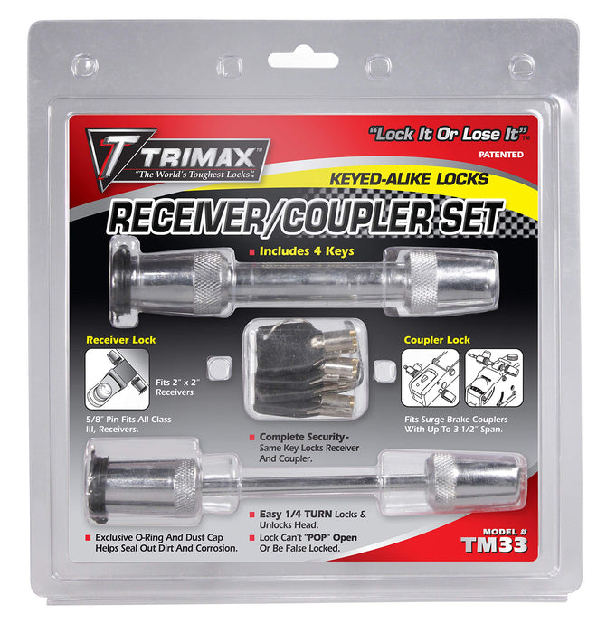 Trimax Locks TM33 Trimax Chrome T3 5/8" Receiver Lock & TC3 3 1/2" Span Coupler, Lock