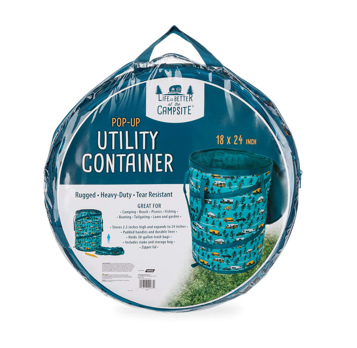 Camco 42987 Pop-Up Utility Container, Teal/ Sketched RVs, 30 Gal.