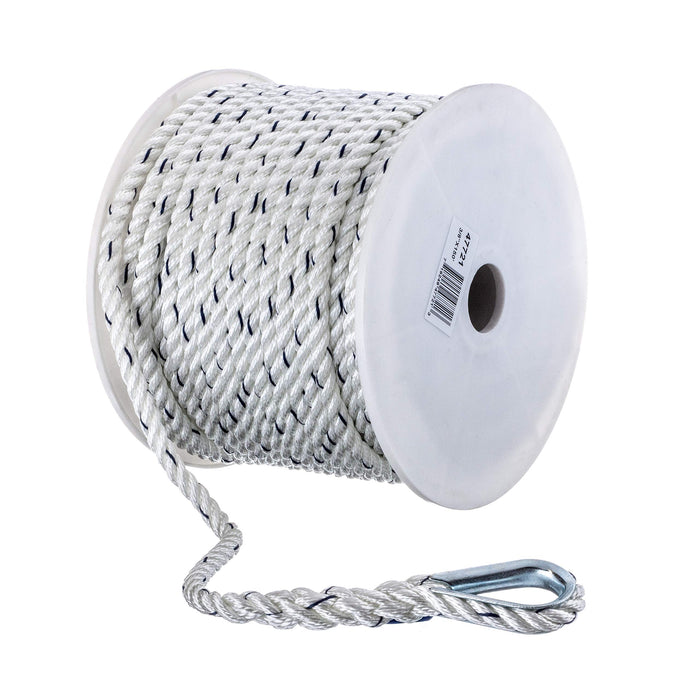Seachoice 47721 Premium 3-Strand Twisted Nylon Anchor Line White w/ Blue Tracer, 3/8" x 150'