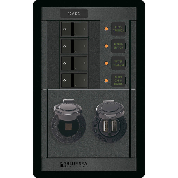 Blue Sea 1495 - 360 Panel - 4 Position 12V with Dual USB & 12V Socket