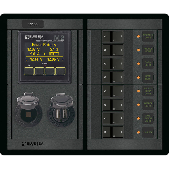 Blue Sea 1497 - 360 Panel - 8 Position 12V Flat Rocker M2 Multimeter with SOC & Dual USB/12V Socket