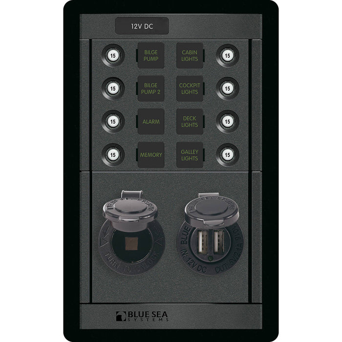 Blue Sea 1498 - 360 Panel - 8 Position 12V Panel with Dual USB & 12V Socket