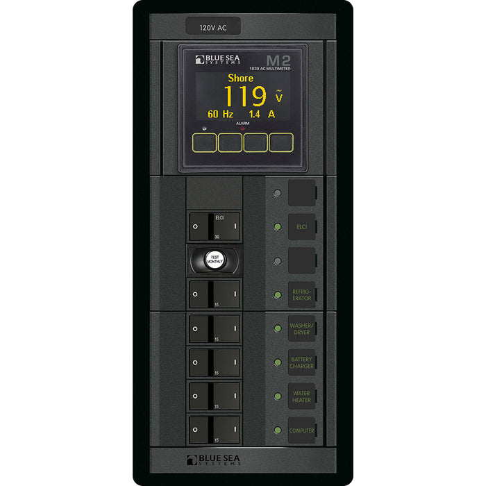 Blue Sea 1504 - 360 Panel - ELCI + 5 Position 120V AC Flat Rocker with M2 AC Multimeter