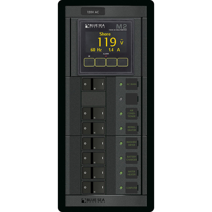 Blue Sea 1505 - 360 Panel - Main + 6 Position 120V AC Flat Rocker with M2 AC Multimeter