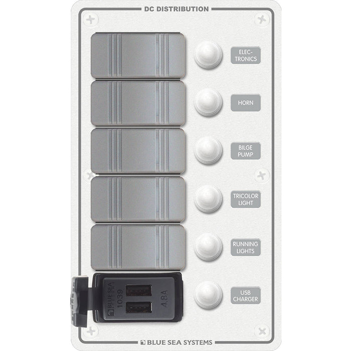 Blue Sea 8421 - 5 Position Contura Switch Panel with Dual USB Chargers - 12/24V DC - White