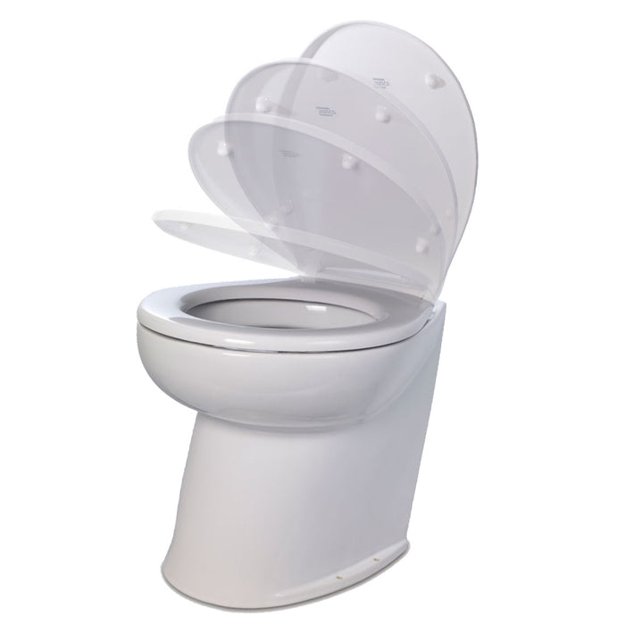 Inodoro marino eléctrico Jabsco Deluxe Flush de 17" con parte trasera en ángulo, 24 V, agua salada, bomba de enjuague remota y tapa de cierre suave
