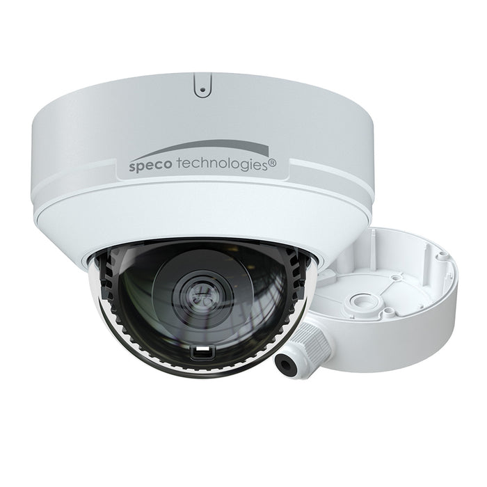 Cámara domo IP Speco AI de 4 MP H.265 con IR, lente fija de 2,8 mm y caja de conexiones