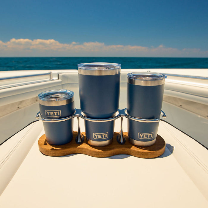 Drink Holder, Triple, Stainless with Teak Base