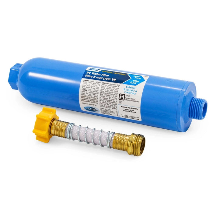 Filtro de agua Camco Tastepure (KDF) con protector de manguera flexible