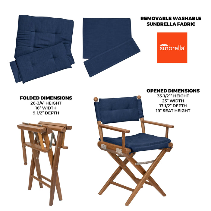 Whitecap 61042 Premium Grade Teak Folding Director's Chair with Navy Sunbrella Fabric Seat Cushions