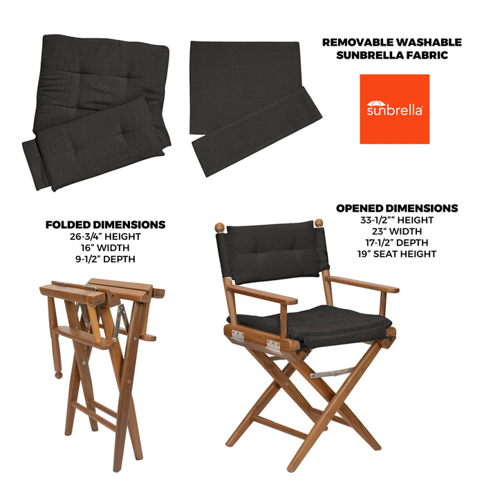 Whitecap 61041 Premium Grade Teak Newport Folding Director's Chair with Black Sunbrella Fabric Seat Cushions