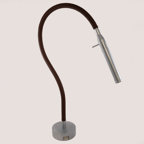 Imtra Lighting Rugen: 500mm Neck, Matte Chrome with Brown Leather | Table Mount, USB, White/Red, Dim, 10-30V